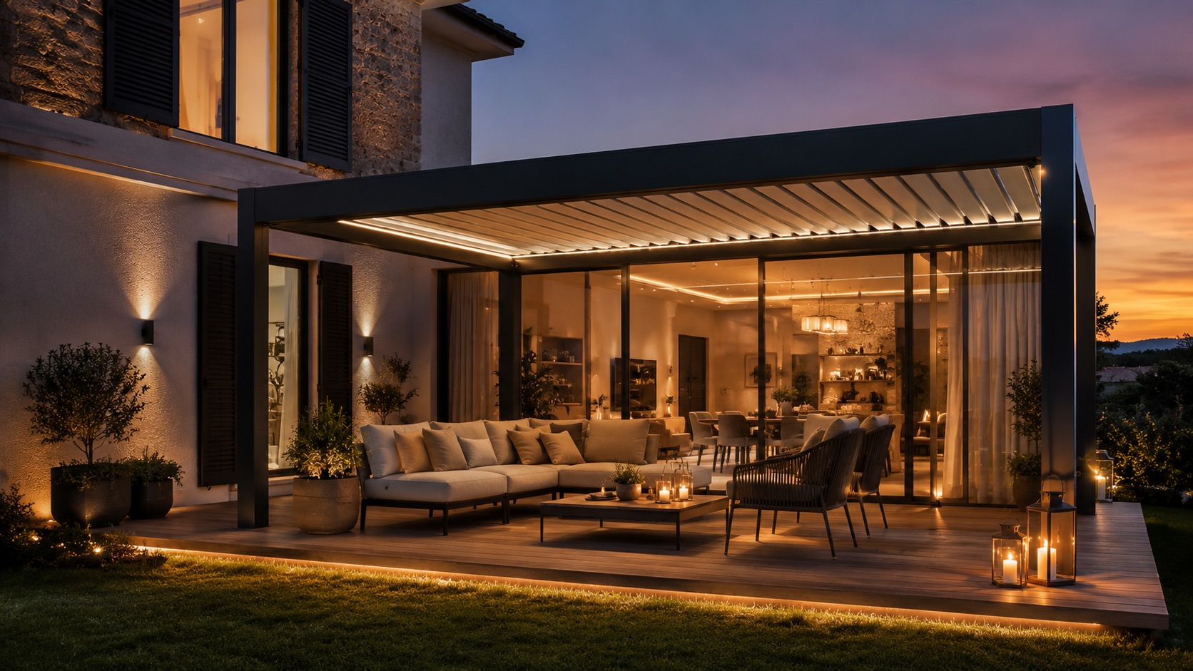 Pergotenda illuminata su terrazza al tramonto